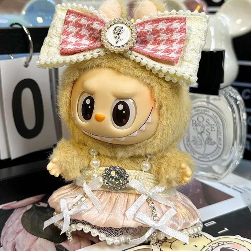 Labubu Doll Outfit – Elegant PINK & Cream Dress with Pearls accents